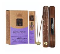 Aromasenses.- Incienso Yatra Parimal Salvia Blanca + Lavanda - Caja Completa con 12 cajetillas de 15 Gramos + 1 Tablilla Aromasenses - Incienso Masala Hecho a Mano