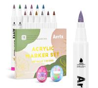 Arrtx 12 colores bolígrafos de pintura acrílica metálica para pintura de roca, marcador de pincel metálico para pintura de roca, cerámica, vidrio, lienzo, taza, madera, huevo de Pascua