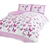 Art - Juego de Funda nórdica y almohadones en Rosa y Blanco con diseño de Mariposas para Cama Individual, Algodón y poliéster., Rosa, Doublé