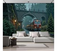 Art Papel Tapiz Fotográfico Viaducto Retro Tren Papel Pintado 350 x 256cm, Art Mural De Pared Papel Pintado Rojo Óxido Verde Oscuro Mural para Sala Estar Dormitorio Cocina Infantil Decoración