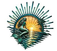 Arte de pared de metal pintado de hierro atardecer costero, puesta de sol | Expositor de relieve calado en capas para decoración de dormitorio y entrada