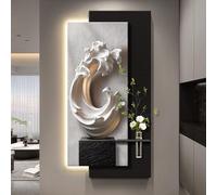 Arte de pared de piedra arenisca con ondas LED, estante flotante con jarrón de vidrio y planta artificial, decoración moderna de escultura abstracta para entrada o sala de estar