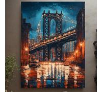 Arte mural urbano - Lienzo impreso con escena nocturna del Puente de Brooklyn. Láminas minimalistas nórdicas para la decoración del hogar y la sala de estar (50x70cm/Sin marco).