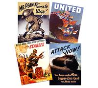 Artery8 US Military World War 2 Army United Seabees Tank Mr Peanut Home Decor Premium Wall Art Poster Pack of 4 Militar Mundo Guerra Ejército Tanque Casa pared Póster
