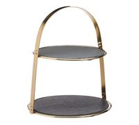 Artesà Soporte para Tartas, 2 Pisos, con Fuentes Redondas de Pizarra y Acabado Latón, 29,5 x 29,5 x 35 cm