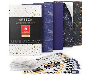 Arteza Cuadernos de Bolsillo (12,7 X 20,3cm), Pack de 5 Cuadernos Personalizados, Estilo Constelación con 2 Cuadernos Rayados, 2 Punteados y 1 con Hojas en Blanco, Encuadernación Cosida y Papel Grueso