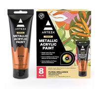 ARTEZA Pinturas acrílicas metalizadas, set de 8 Colores Florales Brillantes, tubos de 120 ml, pigmentos ricos, sin decoloración, pinturas para artistas y niños, ideales para lienzo y manualidades