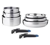 Arthur Martin - Batería de Cocina 10 Piezas Acero Inoxidable 18/10 - Apta Inducción - Sartenes Ø20/22/26 Cacerolas Ø16/18/20-3 Tapas Vidrio, Pico Vertedor