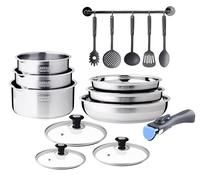 Arthur Martin - Juego de Cocina de 15 Piezas en Acero Inoxidable, Compatible con Todas Las Fuentes de Calor, 2 Sartenes (24-26 cm), 3 Ollas (16-18-20 cm), 4 Tapas, Mango Extraíble, 5 Utensilios