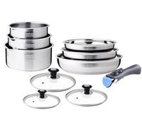 Arthur Martin - Juego de Cocina de 15 Piezas en Acero Inoxidable, Compatible con Todas Las Fuentes de Calor, 3 Sartenes (20-22-26 cm), 3 Cacerolas (16-18-20 cm), Tapas de Vidrio, Mango Extraíble