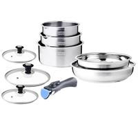 Arthur Martin, juego de cocina de acero inoxidable de 10 piezas - 2 sartenes (24-26 cm), 3 cacerolas (16-18-20 cm), 3 tapas de cristal, 1 utensilio de nailon, todo con fuego de inducción