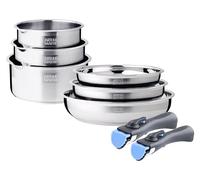 Arthur Martin, Juego de cocina de acero inoxidable de 8 piezas: 3 sartenes (20-24-26 cm), 3 cacerolas (16-18-20 cm), 2 asas extraíbles, todos los calentadores de inducción, graduación interior