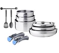 Arthur Martin, Set de Cocina de Acero Inoxidable 10 Piezas - 3 Sartenes (20-22-26 cm) y 3 Cacerolas (16-18-20 cm) + Utensilios, Mangos Ergonómicos, Todos Calentadores de Inducción, Graduación Interior