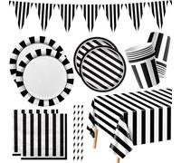 Artículos De Fiesta A Rayas Blancas Y Negras, Decoración De Fiesta En Blanco Y Negro Con Platos De Papel Servilletas Mantel Vasos De Papel Banderas Para Cumpleaños Boda Baby Shower Graduación