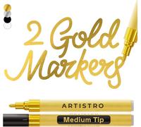 Artistro 2 Gold Acrylic Paint Pens for Rock Ceramic Wood Glass Metal Fabric Plastic - 3mm Metallic Paint Markers Ideal for Scrapbooking DIY Crafts Art Projects