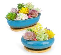ARTKETTY Macetas suculentas, macetas de cerámica para suculentas con bandeja de bambú de drenaje, 1 maceta rectangular + 1 maceta redonda para plantas de interior de cactus bonsái para el hogar (azul)