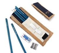 Artway Juego de cartera índigo para lápices, incluye 6 lápices de grafito de grado (HB-10B), cartera, borrador Pentel y sacapuntas de metal