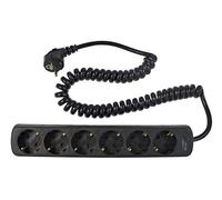 as - Schwabe 11462 Regleta de enchufes de 6 vías negro con cable en espiral negro 2,5m de cable en espiral H05VV-F 3G1,5, IP20 uso interior
