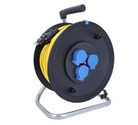 as - Schwabe Carrete de cable 25 m K35 AT-N07V3V3-F 3G1,5 amarillo, IP44 para exteriores, con conector SEV T13 IP55 y 3 enchufes tipo 13, interruptor de protección térmica, fabricado en Alemania