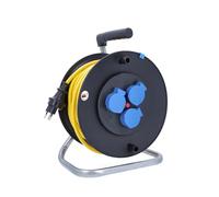 as - Schwabe Carrete de cable 33 m K35 AT-N07V3V3-F 3G1,5 amarillo, IP44 para exteriores, con conector SEV T13 IP55 y 3 enchufes tipo 13, interruptor de protección térmica, fabricado en Alemania