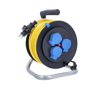 as - Schwabe Carrete de cable de 50 m K35 AT-N07V3V3-F 3G1,5 amarillo, IP44 para exteriores, con conector SEV T13 IP55 y 3 enchufes tipo 13, interruptor de protección térmica, fabricado en Alemania