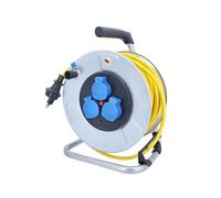 as - Schwabe enrollacables 33 m AT-N07V3V3-F 3G1,5 amarillo, IP44 exterior, con enchufe SEV T13 IP55, 3 tomas Tipo 13, tambor de acero, Interruptor térmico, Made in Germany