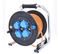 as - Schwabe enrollacables 40 m H07BQ-F 3G2,5 naranja, IP54 exterior, 4 tomas de corriente con toma de tierra, Interruptor térmico, indicador de fase, goma dura, muy robusto, Made in Germany