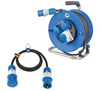 as - Schwabe Set de camping - Carrete de cable de camping de 25 m con enchufe CEE y 2 enchufes de protección de contacto, cable de extensión CEE de 1,5 m, con indicador de tensión, tambor de cable