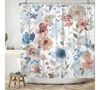 ASDCXZ Flores Cortina de Ducha 180x200 cm, Primavera Acuarela Azul Naranja Flores Rojas Hojas Verdes Cortinas de Ducha Lavables de baño Textil de Cortina Ducha de baño Impermeable con 12 Ganchos