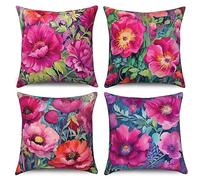 ASDCXZ Fundas de Cojines Flores Retro 50x50 cm Juego de 4, Rosa Aceitada Flor Roja Decorativos Lavables Poliéster Lino Textil Tapicería Exterior