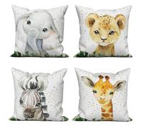 ASDCXZ Fundas de Cojines Infantiles 45x45 cm Juego de 4, Animales Elefante Hipopótamo León Jirafa Fundas de Cojines para Sofá Lavable Poliéster Lino Textil Funda de Cojines para Exteriores