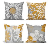 ASDCXZ Juego de 4 fundas de cojín amarillas de 45 x 45 cm, diseño moderno de flores amarillas y grises, fundas de cojín para sofá, fundas de cojín lavables de poliéster y lino, para exteriores