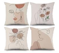 ASDCXZ Juego de 4 fundas de cojín bohemias de 40 x 40 cm, diseño abstracto moderno y abstracto para niñas, flores, color beige, funda de cojín lavable de poliéster y lino