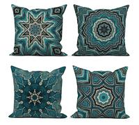 ASDCXZ Juego de 4 fundas de cojín bohemias de 40 x 40 cm, diseño geométrico retro, color azul y dorado, fundas de cojín decorativas para sofá, funda de cojín lavable de poliéster y lino, para exterior