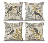 ASDCXZ Juego de 4 fundas de cojín de primavera 50x50 cm, fundas de cojín retro con flores, hojas y pájaros en gris para sofá, cojín decorativo, fundas de cojín lavables de poliéster y lino, textil