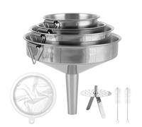 ASelected Juego de 5 embudos de acero inoxidable, embudos de cocina de acero inoxidable con mango, embudo de mermelada con filtro de colador, cepillo de limpieza para transferir líquidos, aceite,