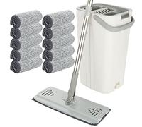 ASelected Juego de fregona Plana y Cubo, mopa Manos Libres con 10 Almohadillas de Microfibra Reutilizables y Mango de Acero Inoxidable de 123 cm de Largo, mopa de Microfibra para Azulejos, mármol,