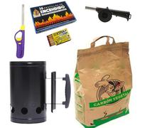 ASGRADO Kit de Barbacoa, Encendedor de Carbón de Acero Inoxidable + Carbón Vegetal 2,8 kg + 36 Pastillas de Encendido + 1 Caja Cerillas + 1 Ventilador de barbaco.