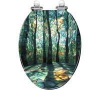 Asiento de inodoro alargado de resina artística con tapa y bisagras de | Bosque etéreo de azulejos de vidrio con patrones de luz caleidoscópicos, cierre silencioso, fácil instalación, decorativo