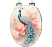 Asiento de inodoro alargado de resina con diseño floral de plumas de pavo real rosa suave con cierre silencioso, bisagras de liberación rápida, decorativo, fácil de limpiar