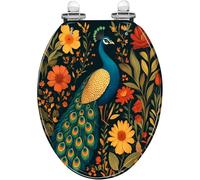 Asiento de inodoro alargado decorativo con diseño de pavo real otoñal y resina floral vibrante con cierre silencioso, bisagras de liberación rápida, fácil de limpiar