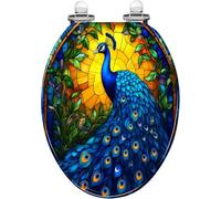 Asiento de inodoro alargado decorativo con diseño de pavo real, vidrieras, plumas azules vibrantes, resina iluminada por el sol, cierre silencioso, bisagras de liberación rápida, fácil de limpiar
