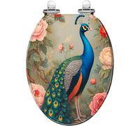 Asiento de inodoro alargado decorativo con plumas vibrantes de pavo real y flor de peonía, resina pastel suave, cierre silencioso, liberación rápida, fácil de limpiar