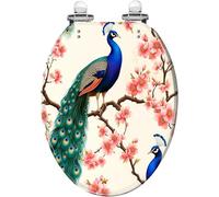 Asiento de inodoro alargado decorativo con tapa de pavo real en ramas de flor de cerezo, cola vibrante, bisagras de liberación rápida, cierre silencioso, fácil de limpiar