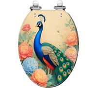 Asiento de inodoro alargado decorativo de resina con plumas de pavo real con flores florecientes, cierre silencioso, bisagras de liberación rápida, fácil de limpiar