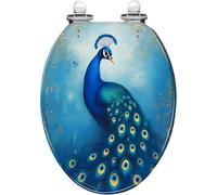 Asiento de inodoro alargado decorativo, plumas de pavo real, detalles dorados, resina de cielo, cierre silencioso, bisagras de liberación rápida, fácil de limpiar