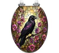 Asiento de inodoro alargado para baño | Fabricado en resina, vidrio pintado con estampado gótico floral de cuervo negro y morado, cierre silencioso y liberación