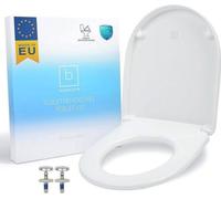 Asiento de inodoro antibacteriano en forma de D, color blanco – Fabricado en urea-duroplástico, con sistema de liberación rápida y cierre suave, bisagras de acero inoxidable, resistente hasta 150 kg (