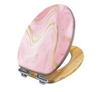 Asiento de inodoro de madera alargado de cierre suave con cubierta abstracta rosa polvorienta mármol líquido acuarela purpurina aluminio bisagras de liberación rápida fácil de instalar decoración de