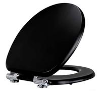 Asiento de inodoro de madera de 18 mm de grosor, tapa negra en forma de O de cierre suave, funcionamiento silencioso para inodoros redondos estándar, construcción de madera con bisagras de zinc